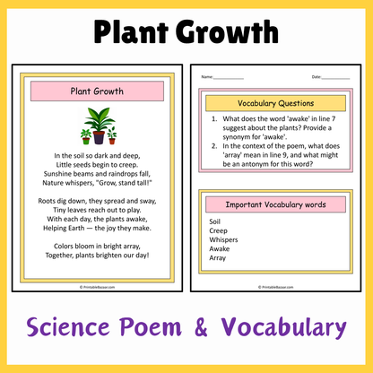 Plant Growth | Science Poem Reading Comprehension Activity