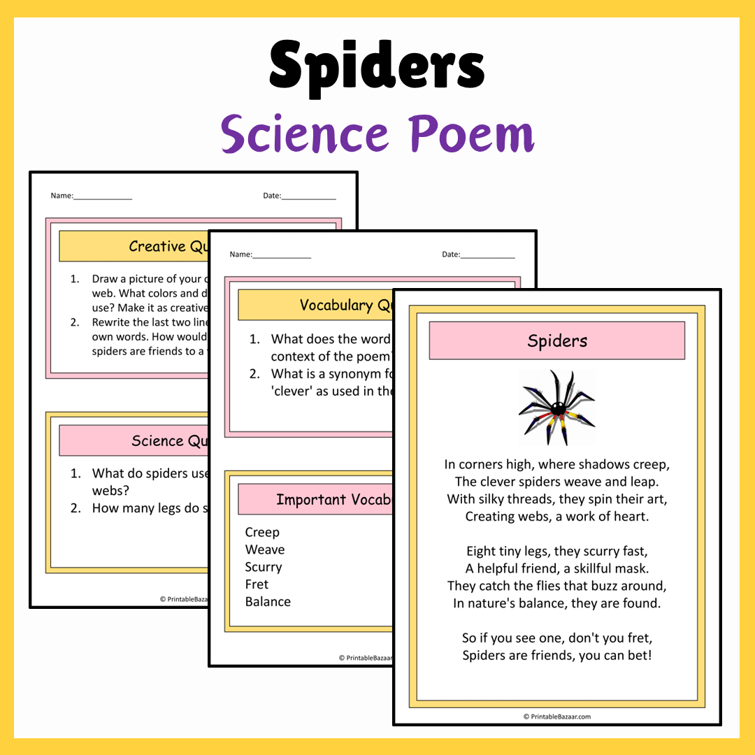 Spiders | Science Poem Reading Comprehension Activity