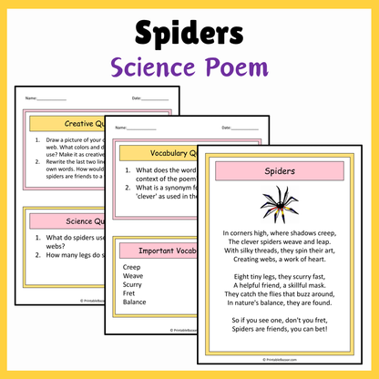 Spiders | Science Poem Reading Comprehension Activity