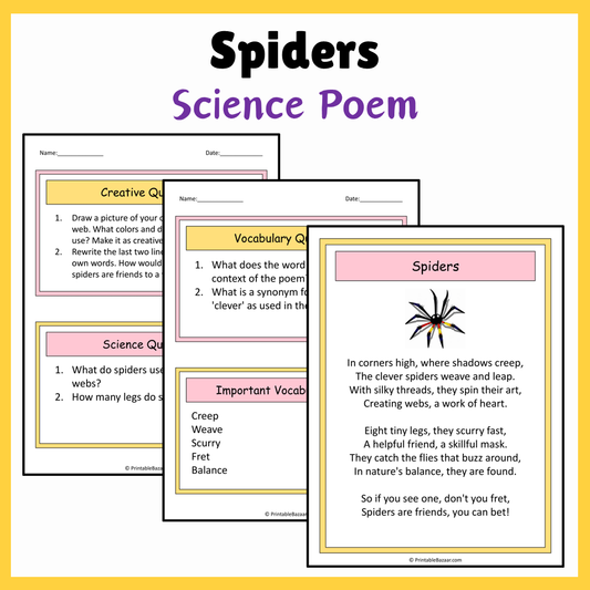 Spiders | Science Poem Reading Comprehension Activity