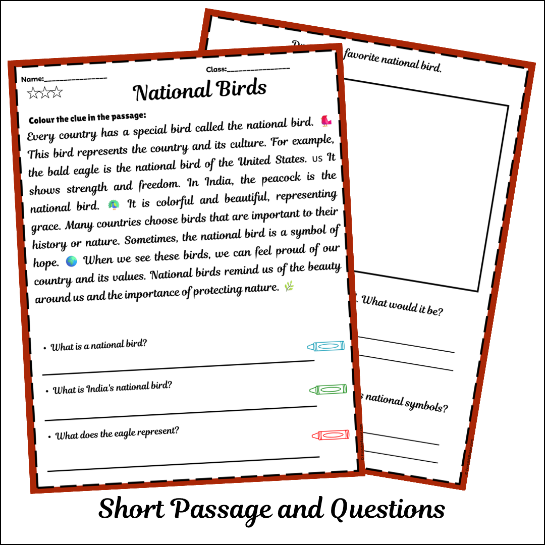 National Birds | Short Reading Comprehension Creative Worksheet