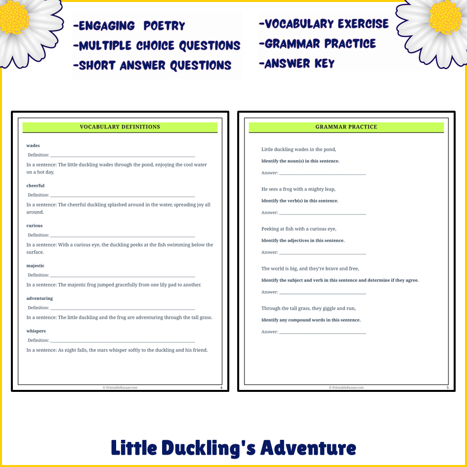 Little Duckling's Adventure | Poem Grammar Worksheet Printable Activity