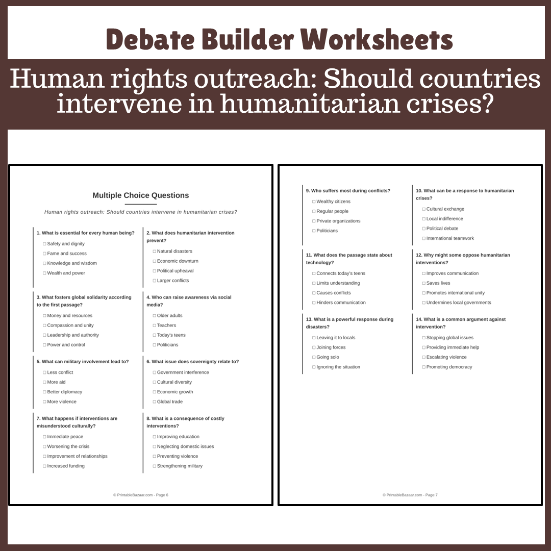 Human rights outreach: Should countries intervene in humanitarian crises? | Favour and Against Worksheet Printable Activity