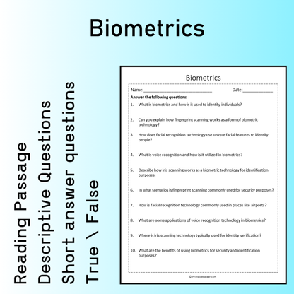 Biometrics | Reading Comprehension Passage Printable Worksheet