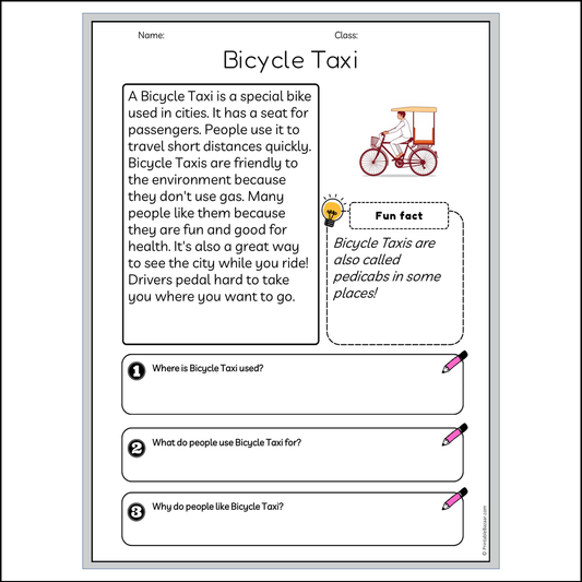 Bicycle Taxi | Reading Passage Comprehension Questions Writing Facts Worksheet