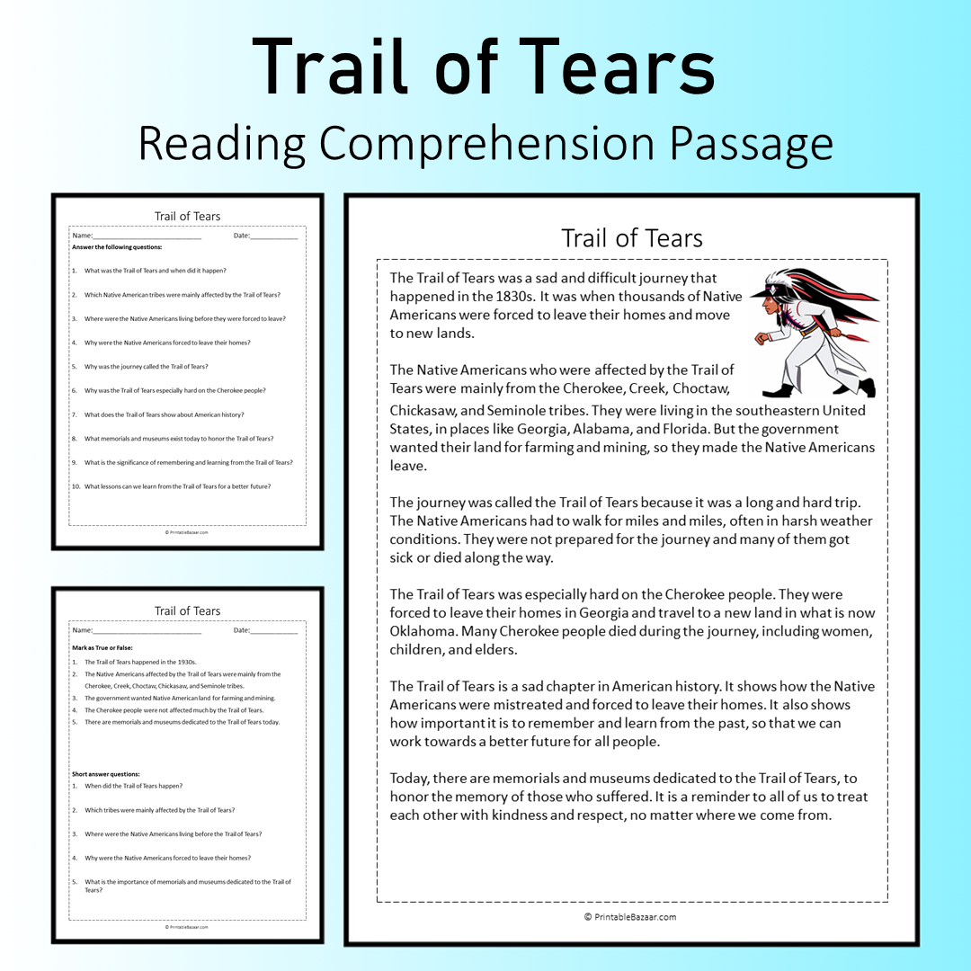 Trail of Tears | Reading Comprehension Passage Printable Worksheet