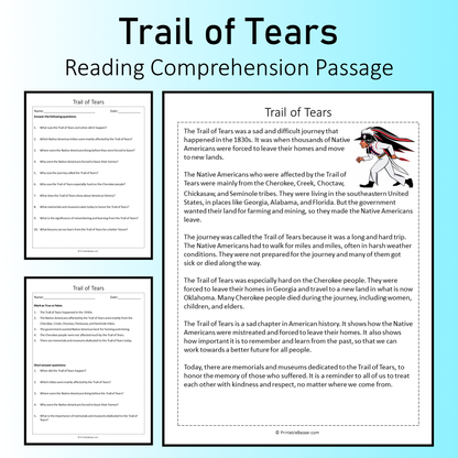 Trail of Tears | Reading Comprehension Passage Printable Worksheet