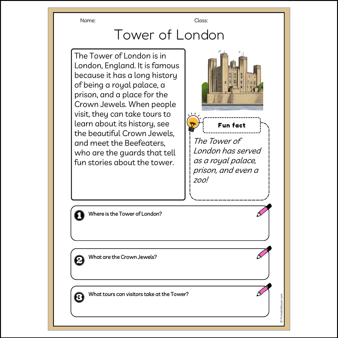 Tower of London | Reading Passage Comprehension Questions Writing Facts Worksheet