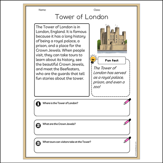 Tower of London | Reading Passage Comprehension Questions Writing Facts Worksheet