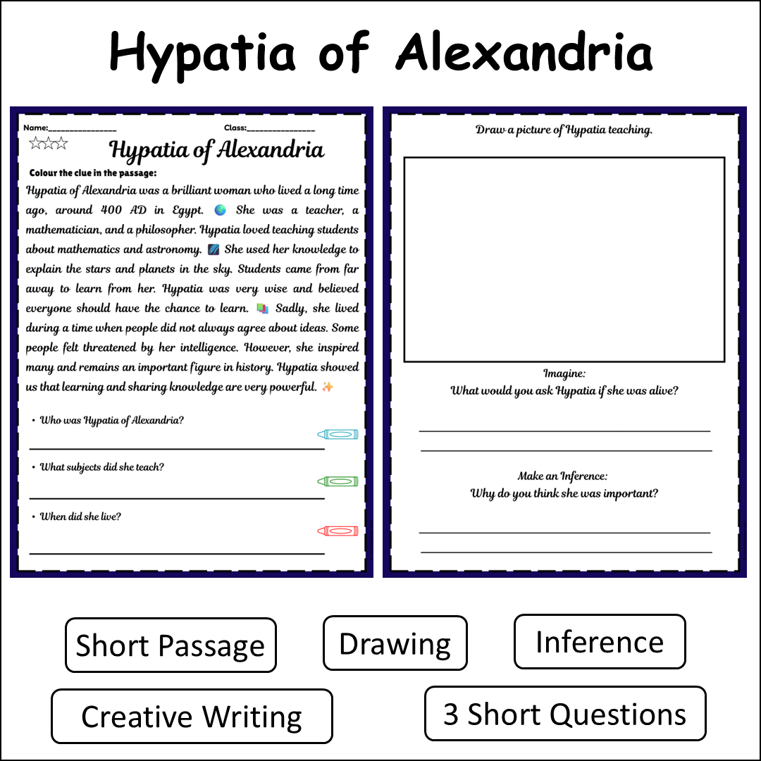 Hypatia of Alexandria | Short Reading Comprehension Creative Worksheet