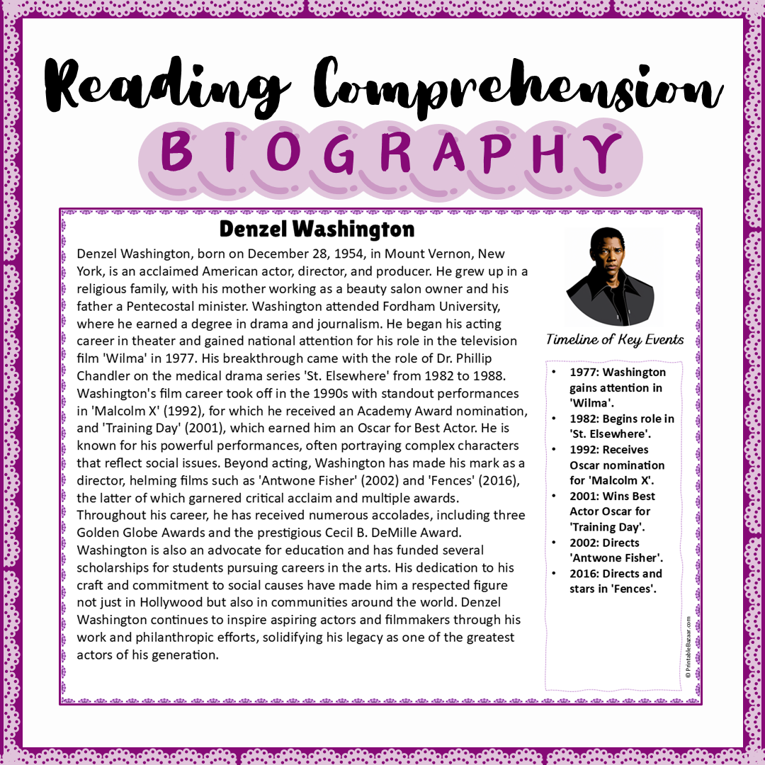 Denzel Washington | Biography Reading Comprehension and Questions Worksheet