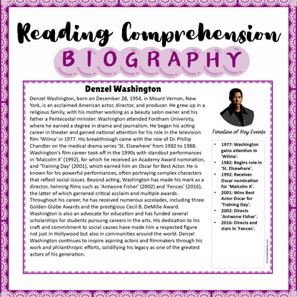 Denzel Washington | Biography Reading Comprehension and Questions Worksheet