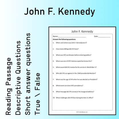 John F. Kennedy | Reading Comprehension Passage Printable Worksheet