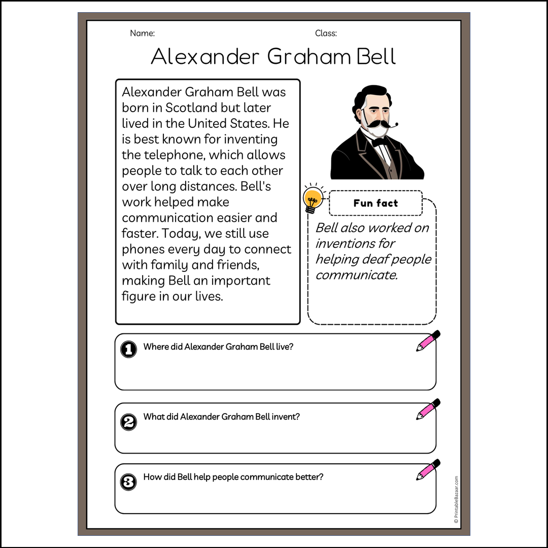 Alexander Graham Bell | Reading Passage Comprehension Questions Writing Facts Worksheet