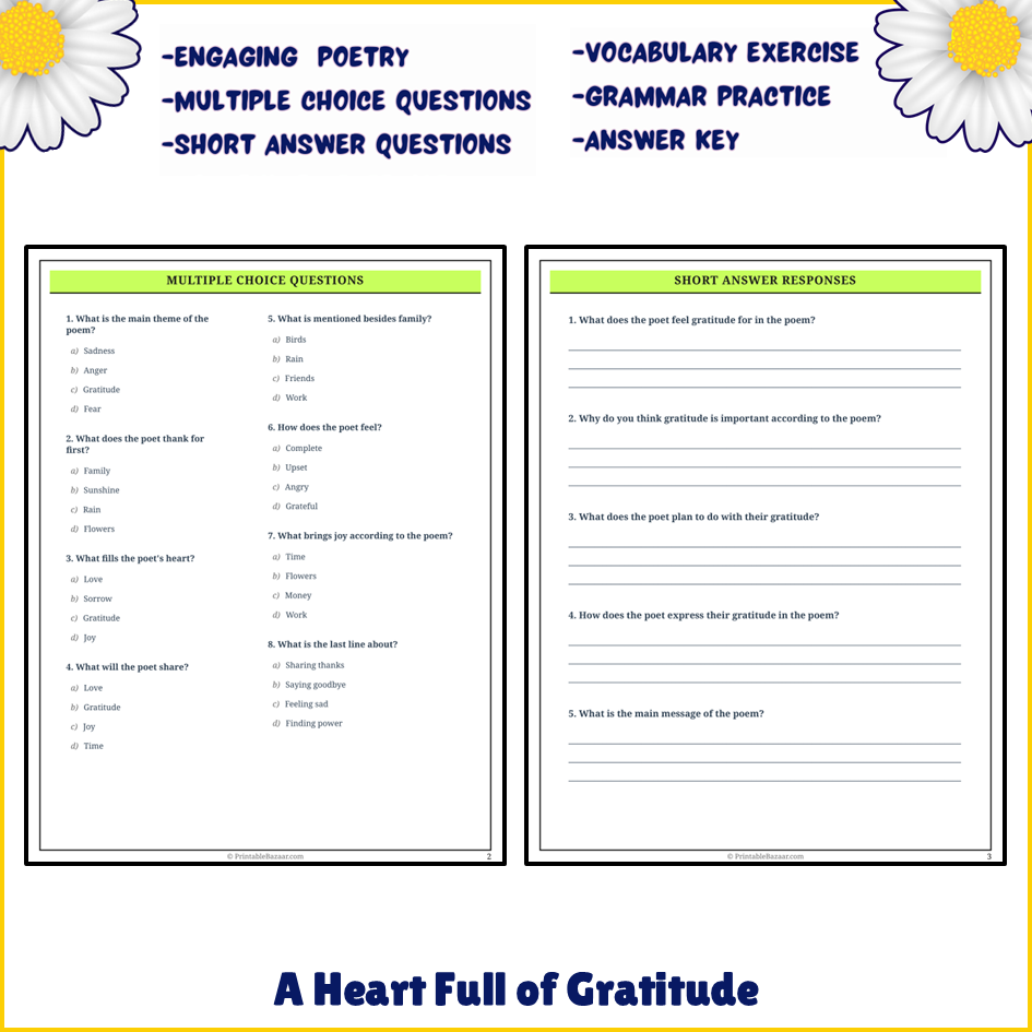 A Heart Full of Gratitude | Poem Grammar Worksheet Printable Activity