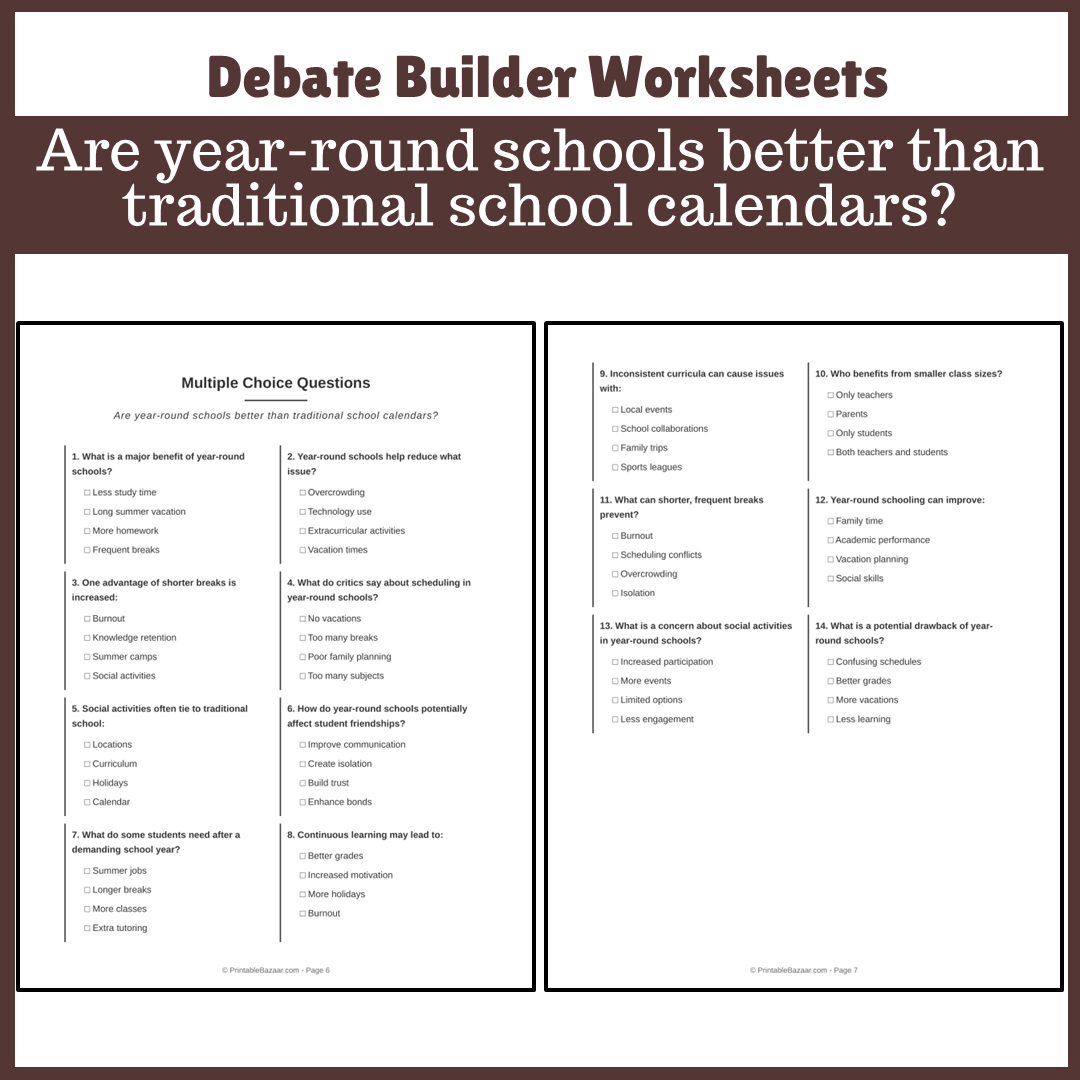 Are year-round schools better than traditional school calendars? | Favour and Against Worksheet Printable Activity