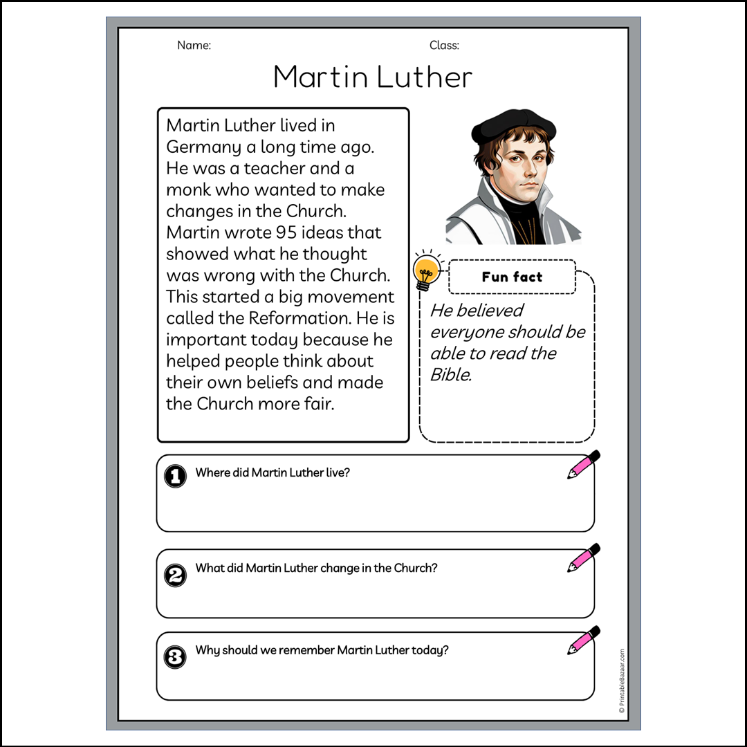 Martin Luther | Reading Passage Comprehension Questions Writing Facts Worksheet