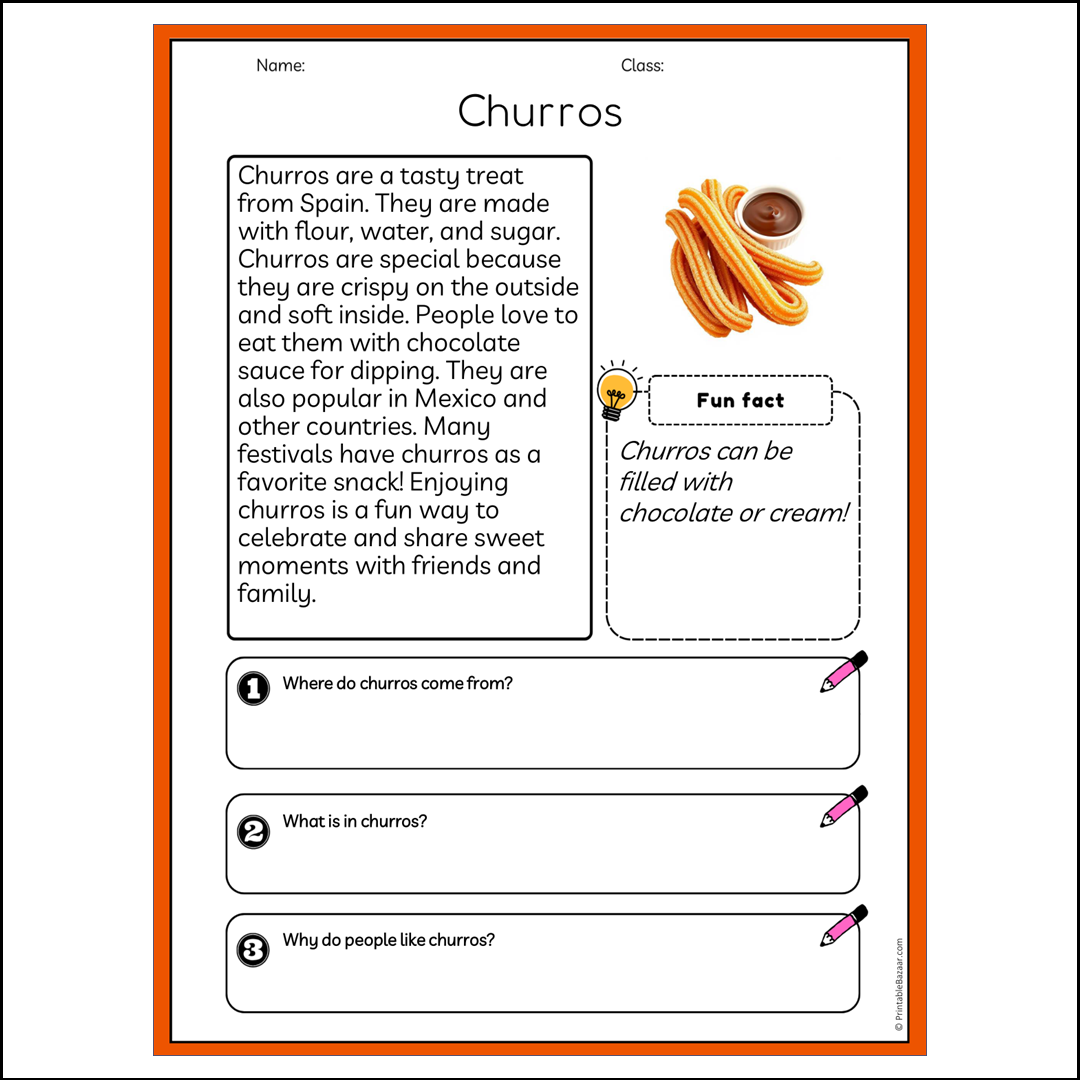 Churros | Reading Passage Comprehension Questions Writing Facts Worksheet