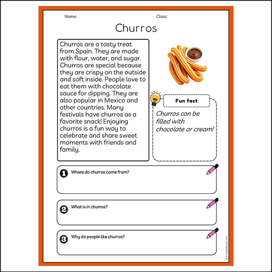 Churros | Reading Passage Comprehension Questions Writing Facts Worksheet