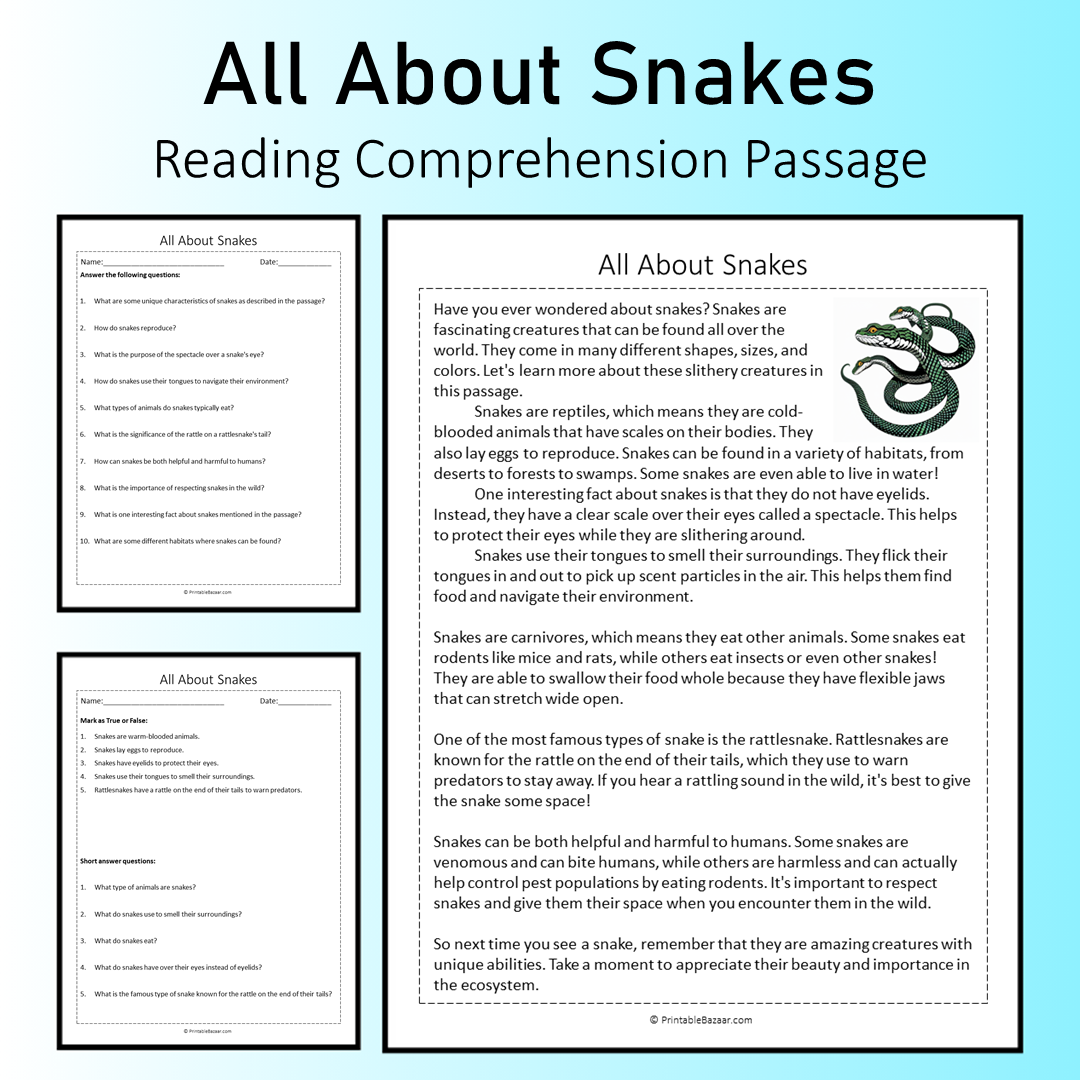 All About Snakes | Reading Comprehension Passage Printable Worksheet