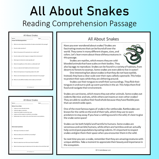 All About Snakes | Reading Comprehension Passage Printable Worksheet