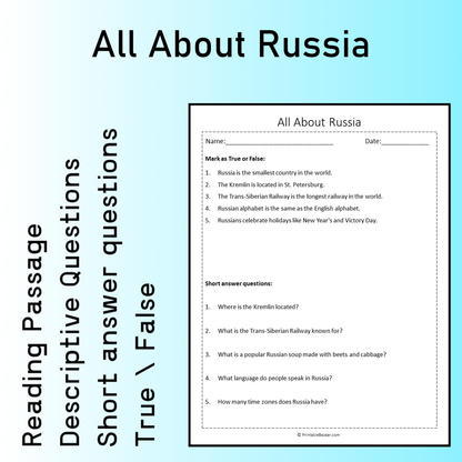 All About Russia | Reading Comprehension Passage Printable Worksheet