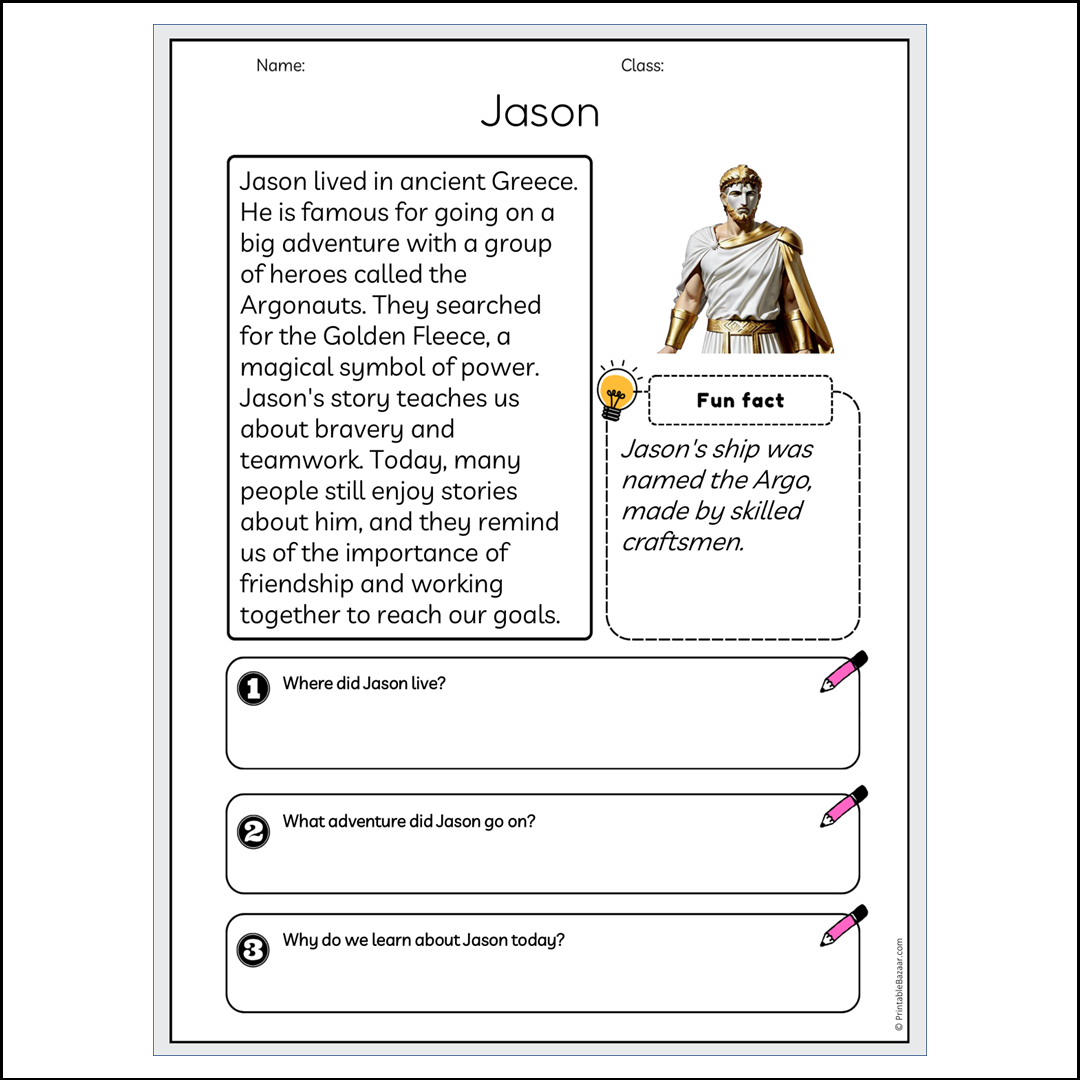 Jason | Reading Passage Comprehension Questions Writing Facts Worksheet