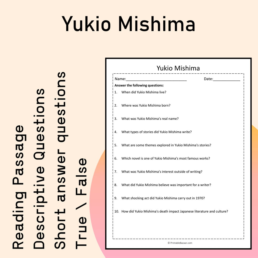 Yukio Mishima | Reading Comprehension Passage Printable Activity