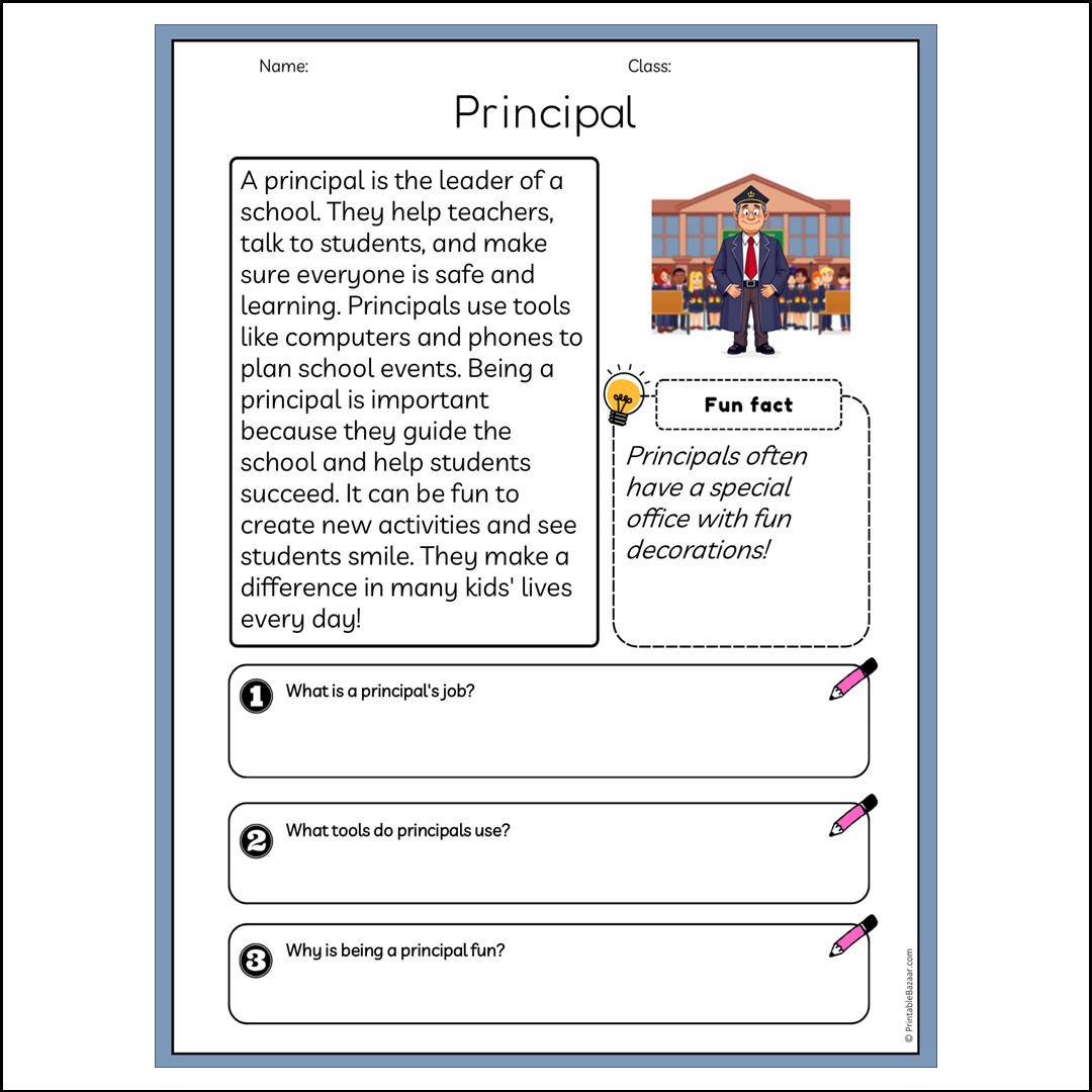 Principal | Reading Passage Comprehension Questions Writing Facts Worksheet