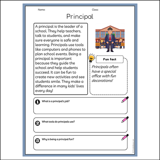 Principal | Reading Passage Comprehension Questions Writing Facts Worksheet