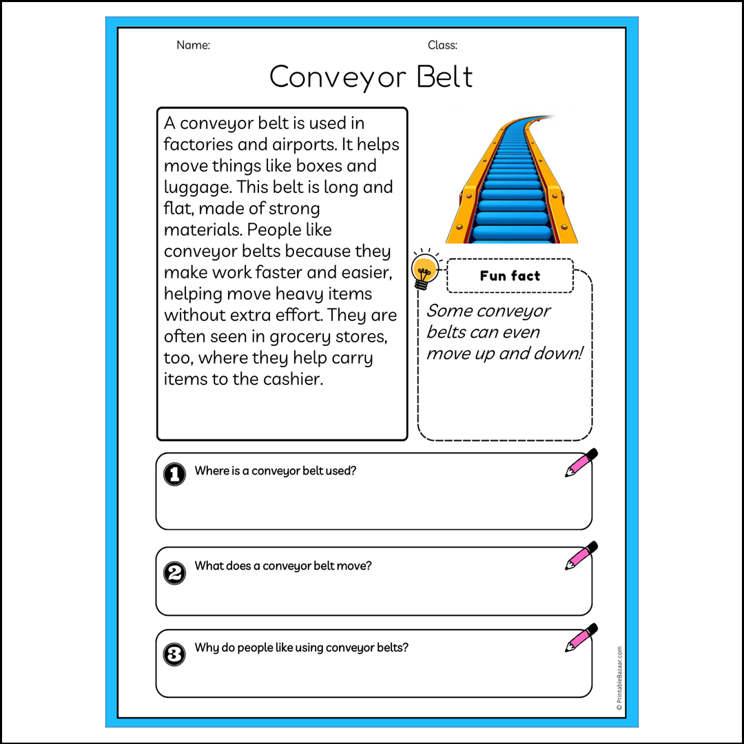 Conveyor Belt | Reading Passage Comprehension Questions Writing Facts Worksheet