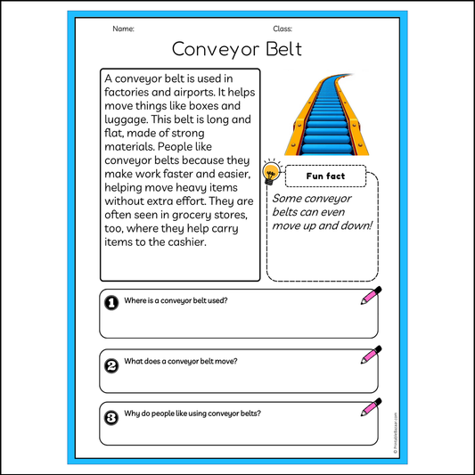 Conveyor Belt | Reading Passage Comprehension Questions Writing Facts Worksheet