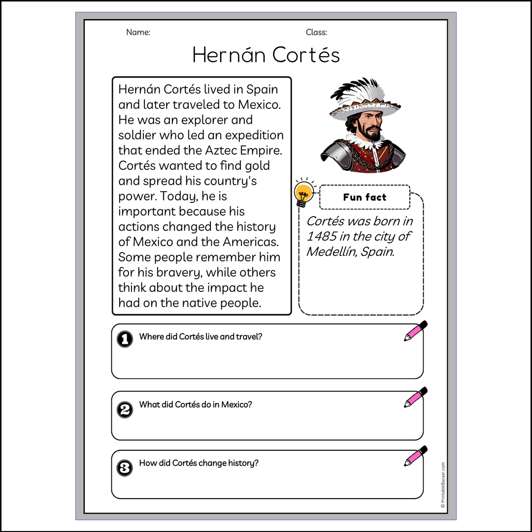 Hernán Cortés | Reading Passage Comprehension Questions Writing Facts Worksheet