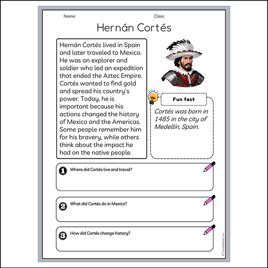 Hernán Cortés | Reading Passage Comprehension Questions Writing Facts Worksheet