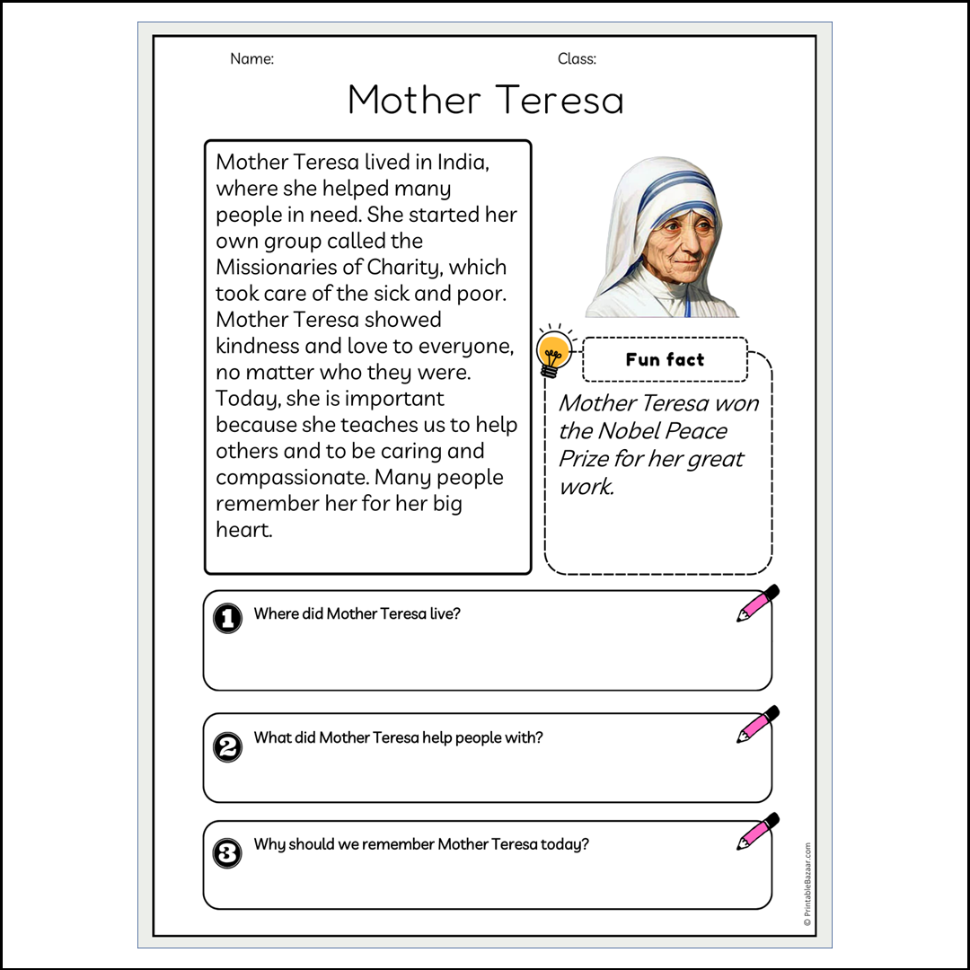 Mother Teresa | Reading Passage Comprehension Questions Writing Facts Worksheet