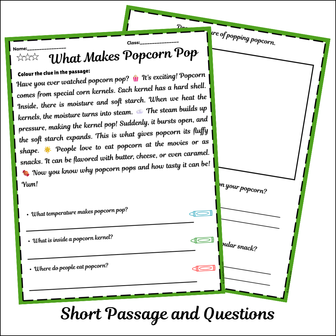 What Makes Popcorn Pop | Short Reading Comprehension Creative Worksheet