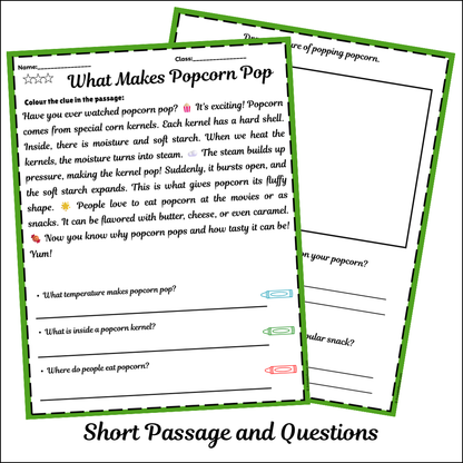 What Makes Popcorn Pop | Short Reading Comprehension Creative Worksheet