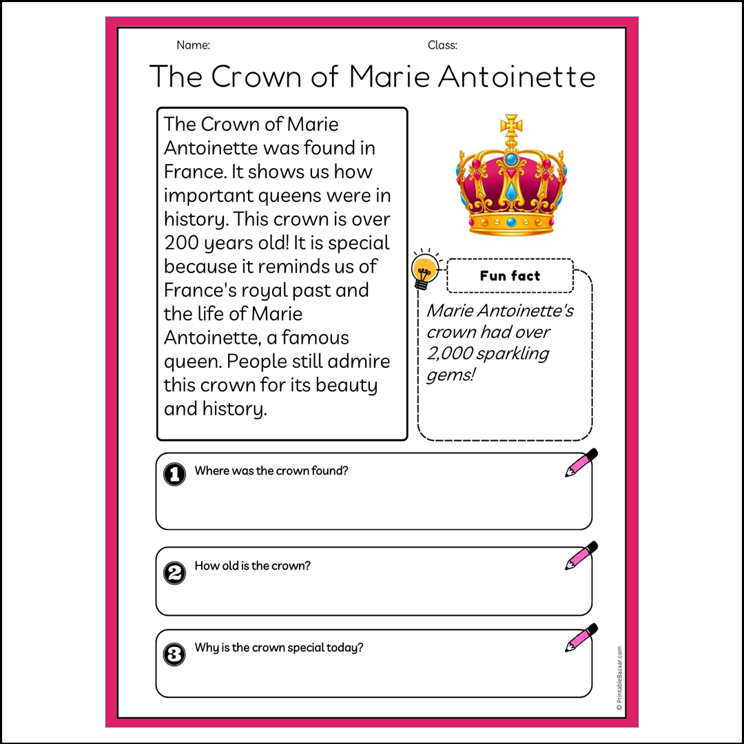 The Crown of Marie Antoinette | Reading Passage Comprehension Questions Writing Facts Worksheet