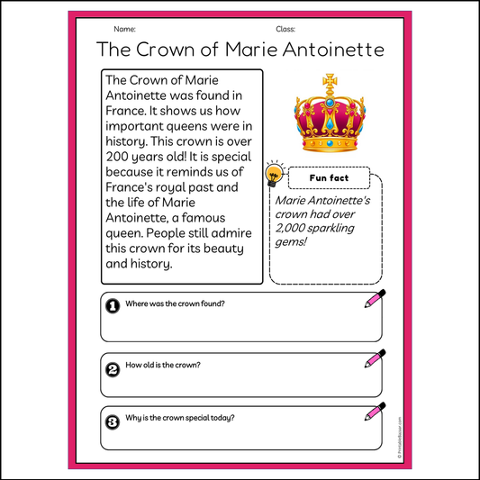 The Crown of Marie Antoinette | Reading Passage Comprehension Questions Writing Facts Worksheet