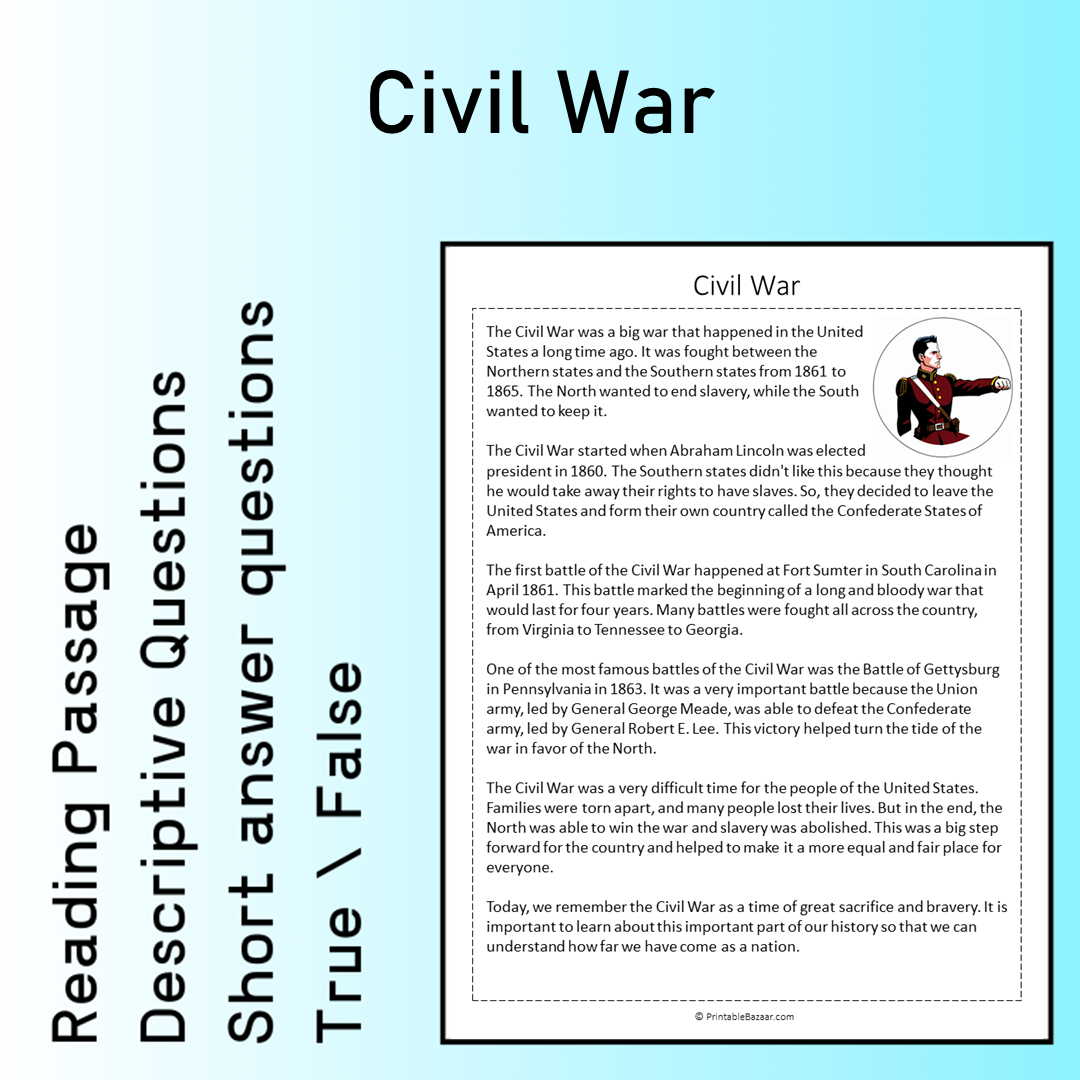 Civil War | Reading Comprehension Passage Printable Worksheet