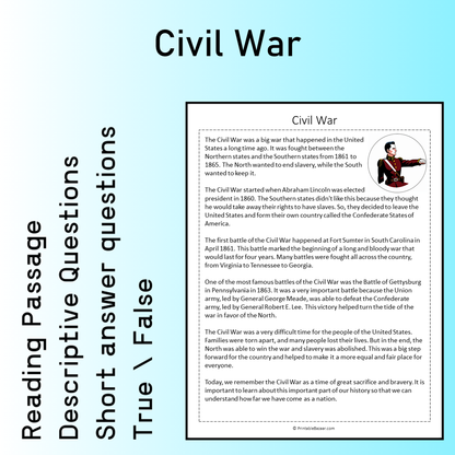 Civil War | Reading Comprehension Passage Printable Worksheet