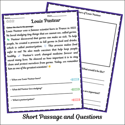 Louis Pasteur | Short Reading Comprehension Creative Worksheet