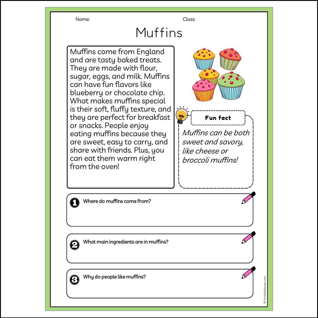 Muffins | Reading Passage Comprehension Questions Writing Facts Worksheet