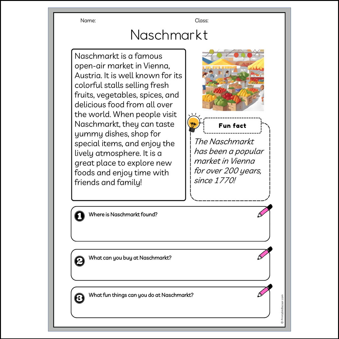 Naschmarkt | Reading Passage Comprehension Questions Writing Facts Worksheet