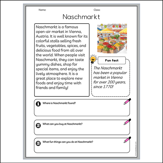 Naschmarkt | Reading Passage Comprehension Questions Writing Facts Worksheet
