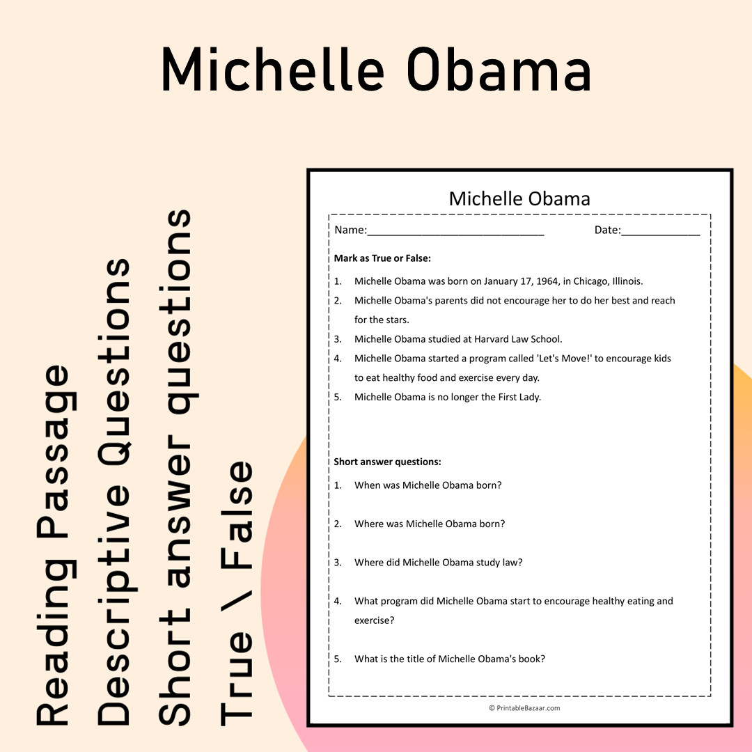 Michelle Obama | Reading Comprehension Passage Printable Activity