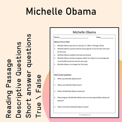 Michelle Obama | Reading Comprehension Passage Printable Activity