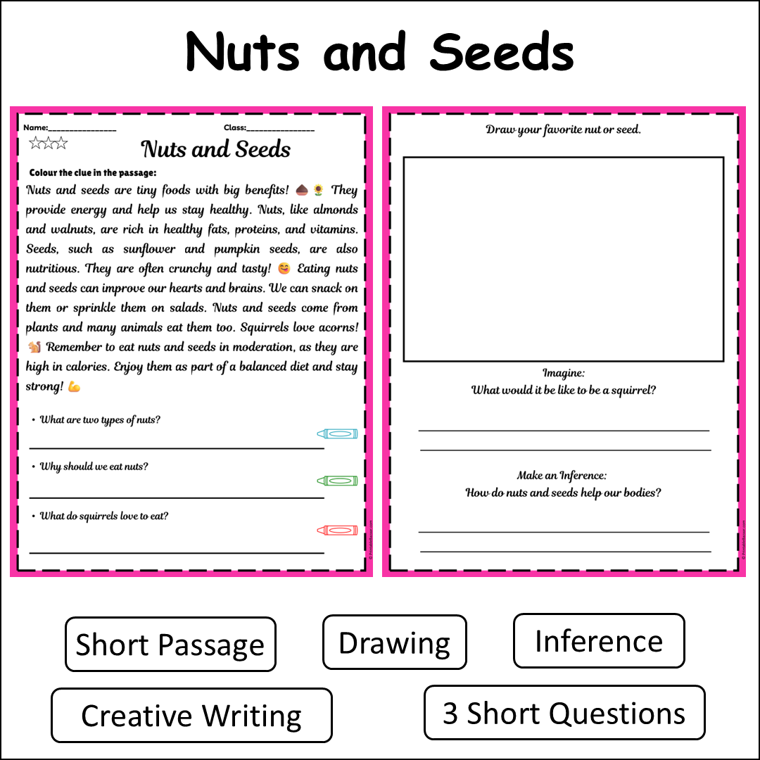 Nuts and Seeds | Short Reading Comprehension Creative Worksheet