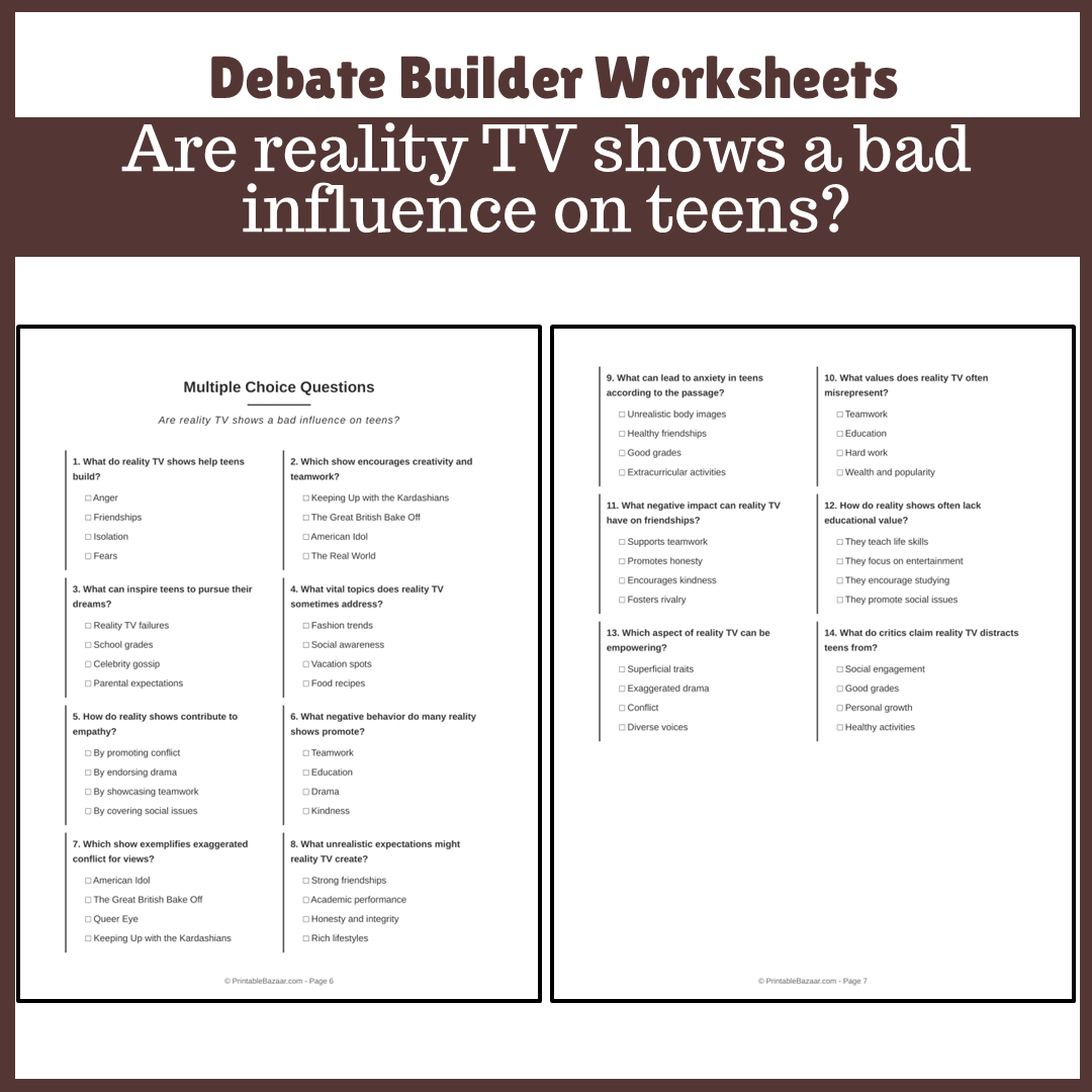 Are reality TV shows a bad influence on teens? | Favour and Against Worksheet Printable Activity
