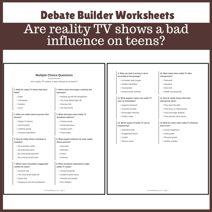 Are reality TV shows a bad influence on teens? | Favour and Against Worksheet Printable Activity